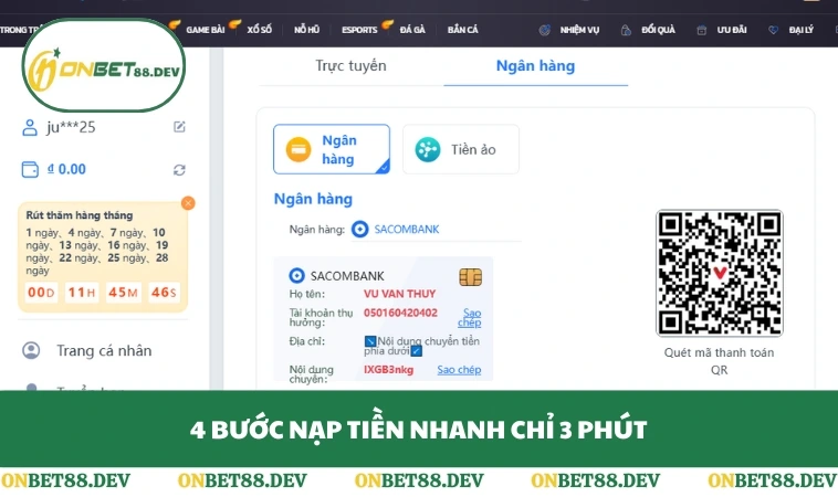 Nạp tiền ONBET 2 4 bước nạp tiền nhanh chỉ 3 phút